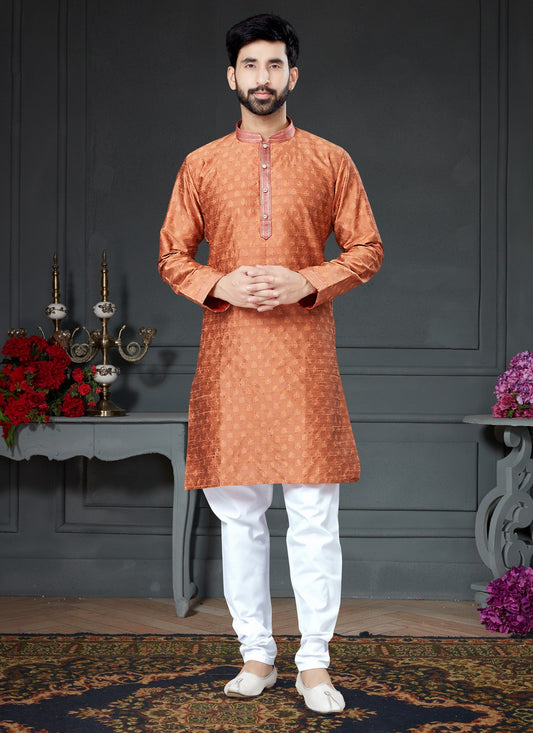 Embroidered Silk Orange Kurta Pyjama - M4150