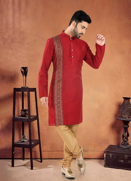 Patch Silk Red Kurta Pyjama - M8109