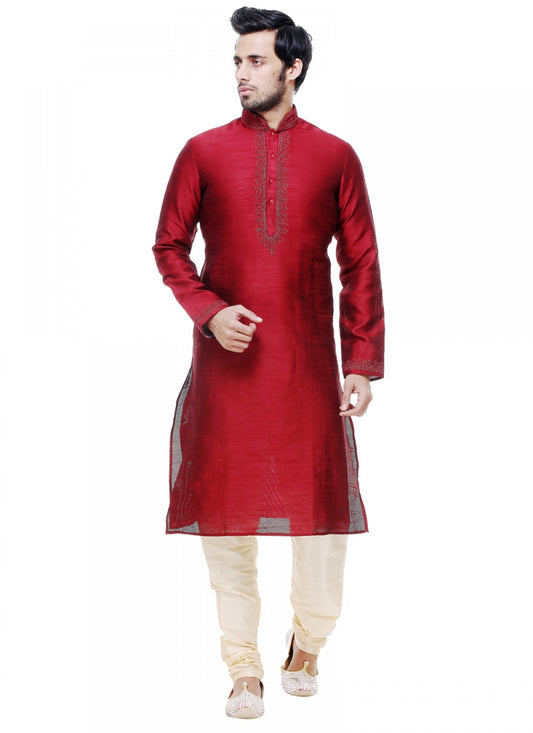 Embroidered Silk Red Kurta Pyjama - M1032