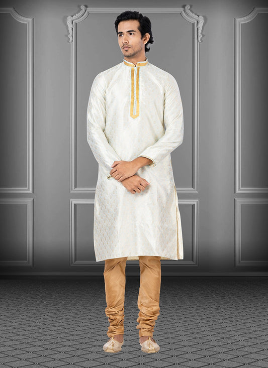 Fancy Work Linen, Silk White Kurta Pyjama - M3665