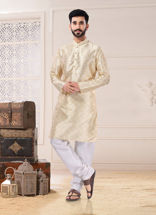 Fancy Work Silk Yellow Kurta Pyjama - M4693