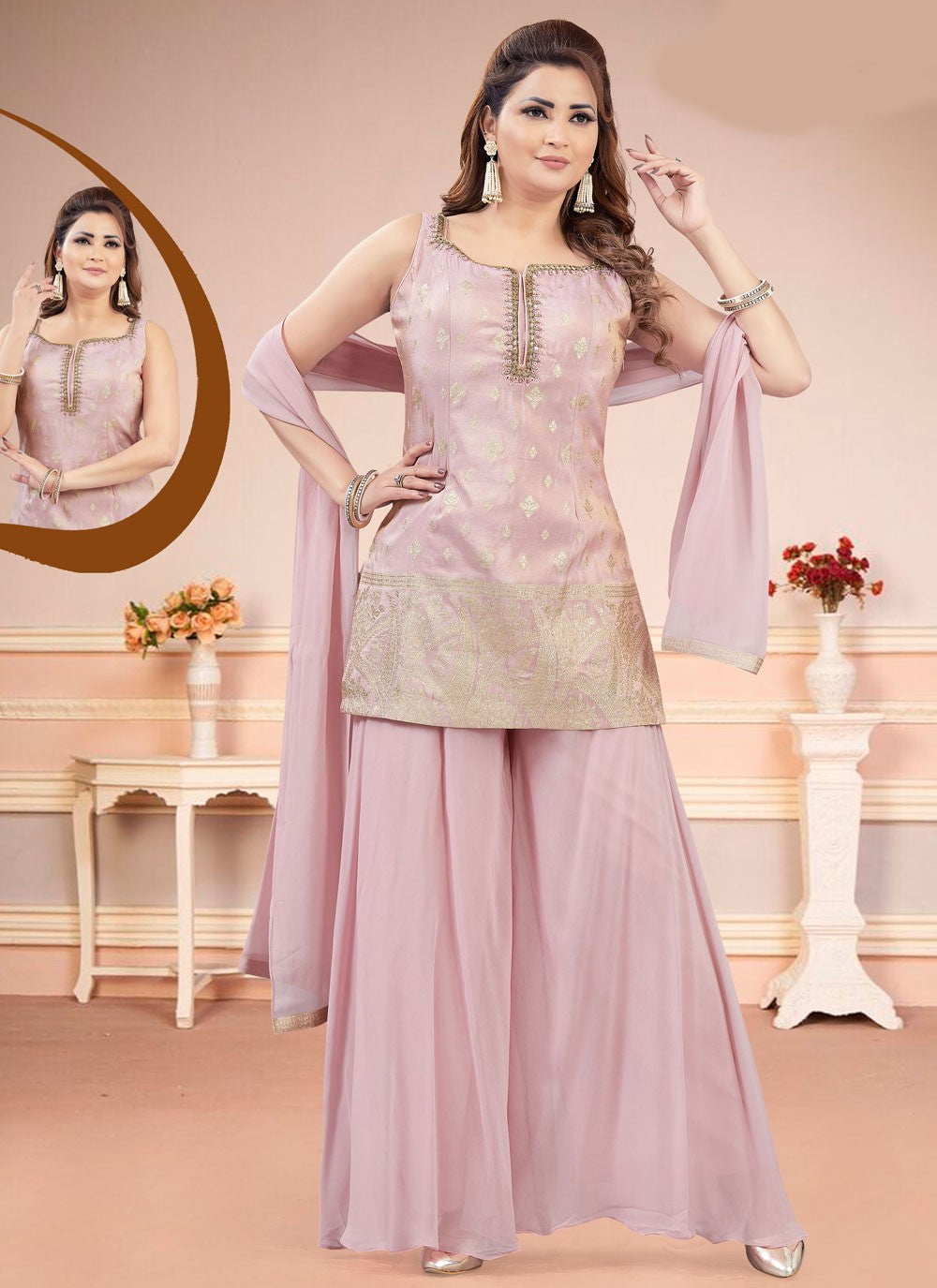 Embroidered Silk Palazzo Suit - T4593