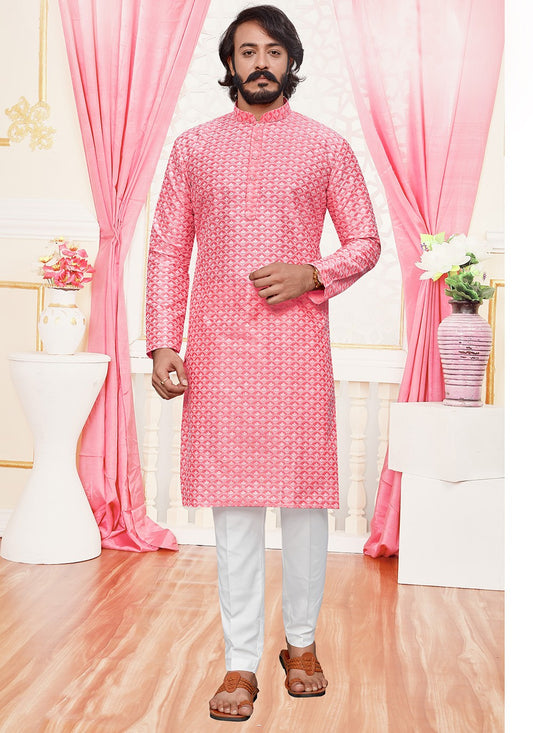 Lucknowi Work Silk Pink Kurta Pyjama - M1940