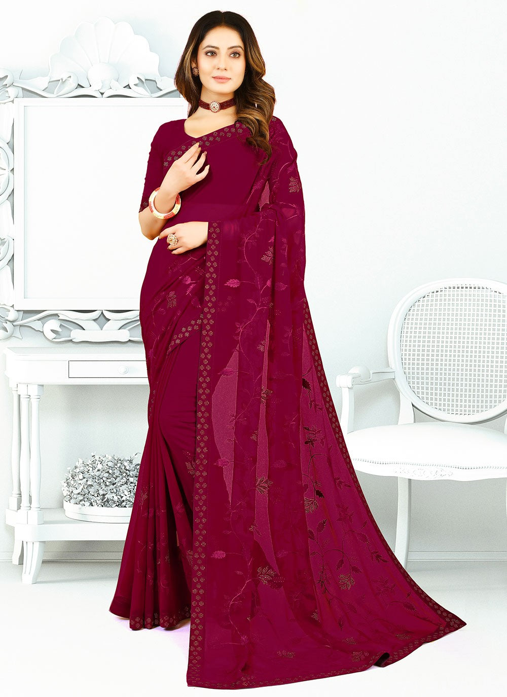 Contemporary Border Work Georgette, Silk Saree - S2671