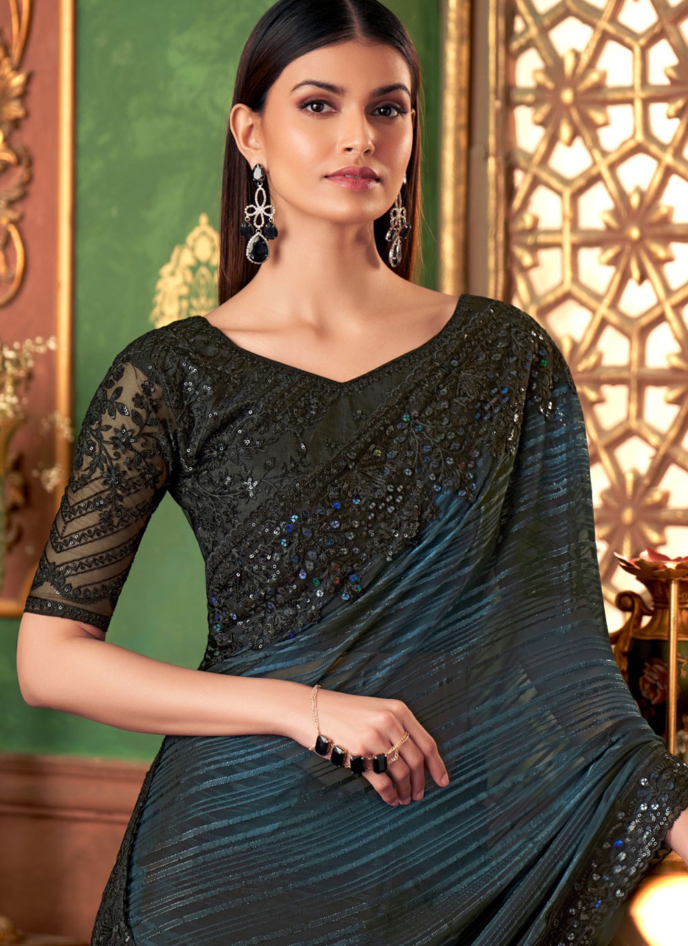 Embroidered, Sequins Chiffon Saree - S11813