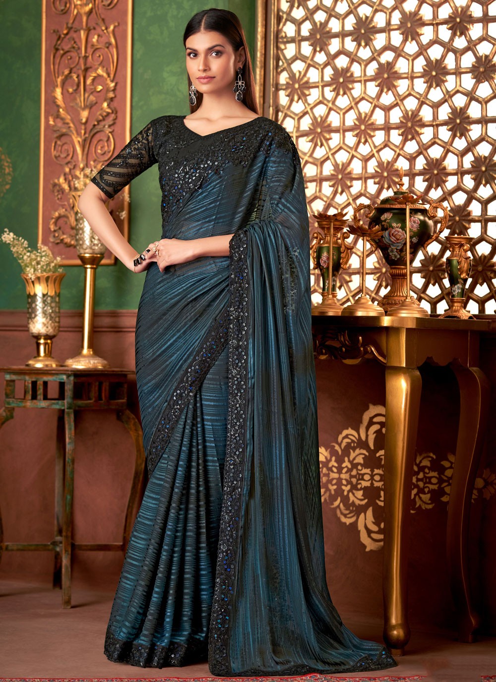 Embroidered, Sequins Chiffon Saree - S11813