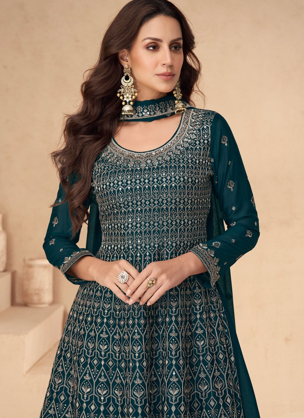 Embroidered Chinon Palazzo Suit - T4435