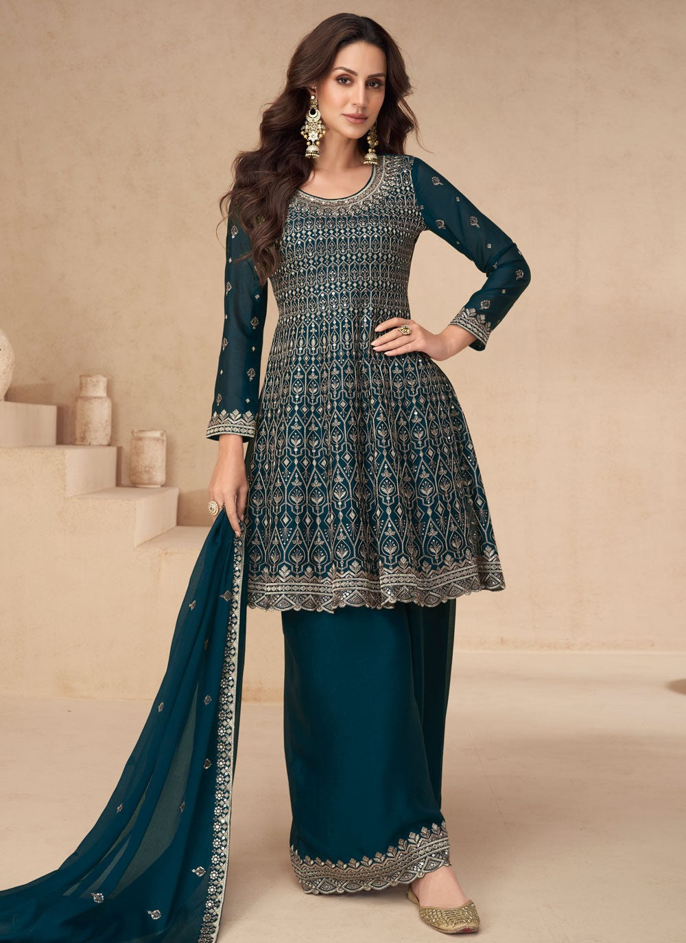 Embroidered Chinon Palazzo Suit - T4435