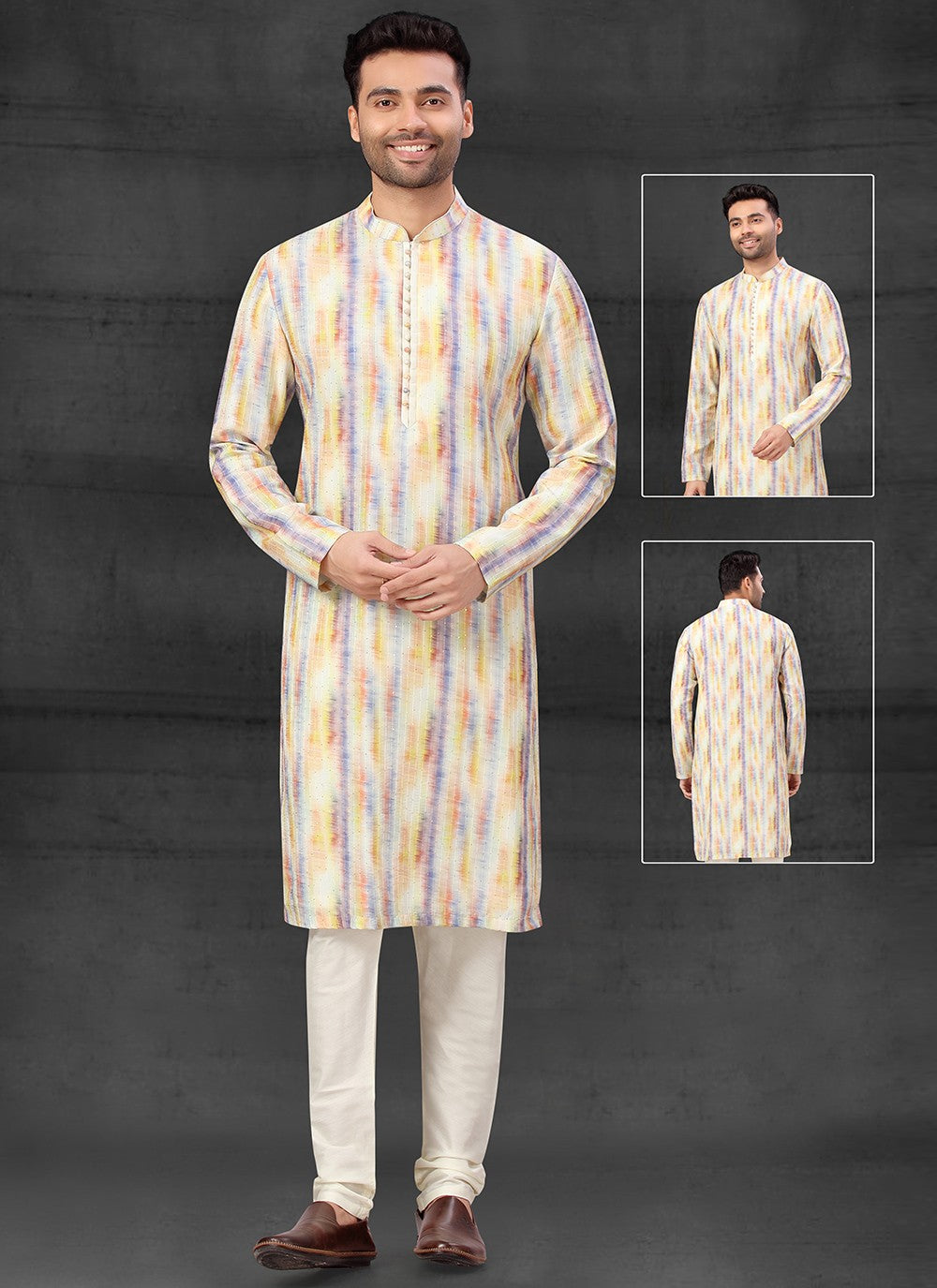 Fancy Work Silk Multi Colour Kurta Pyjama - M4112