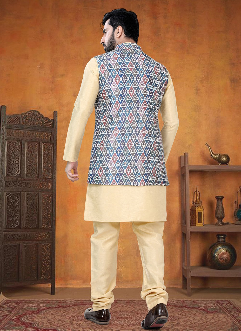 Printed Silk Multi Colour Kurta Payjama With Jacket - M8790