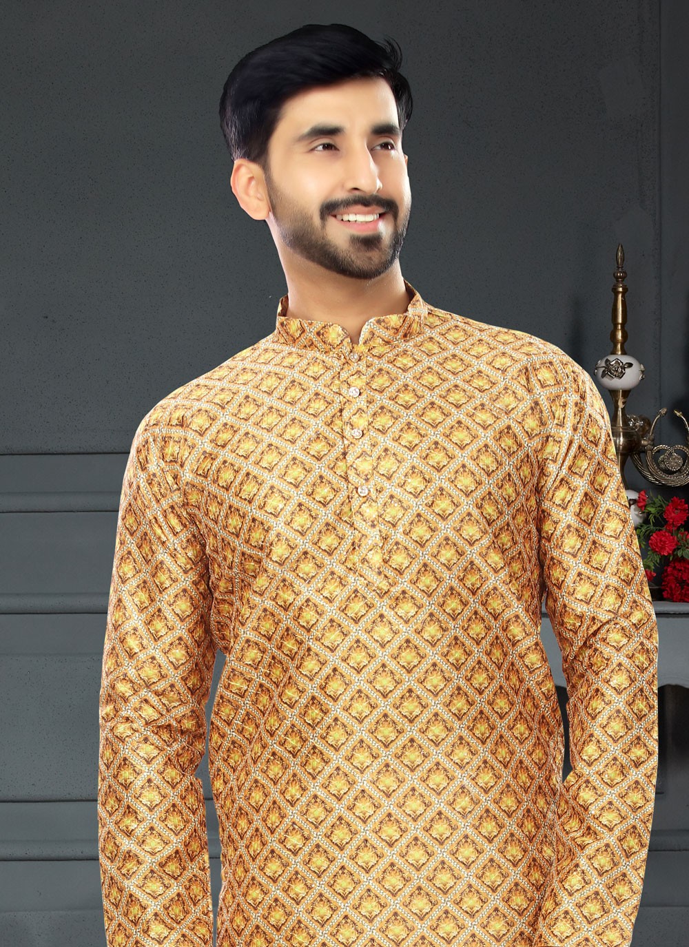 Digital Print Silk Mustard Kurta Pyjama - M4726