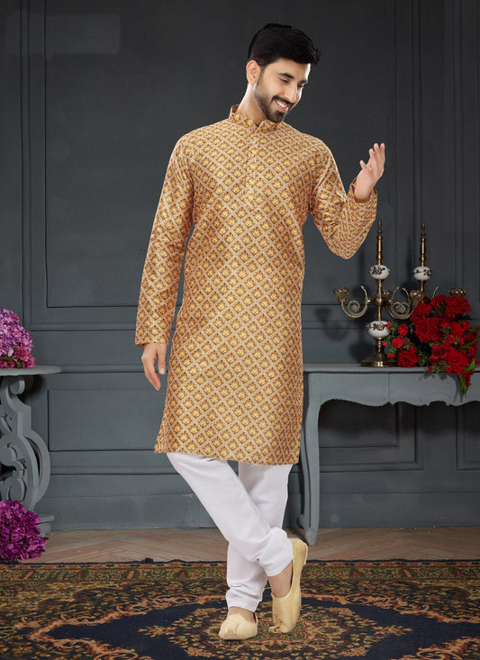 Digital Print Silk Mustard Kurta Pyjama - M4726