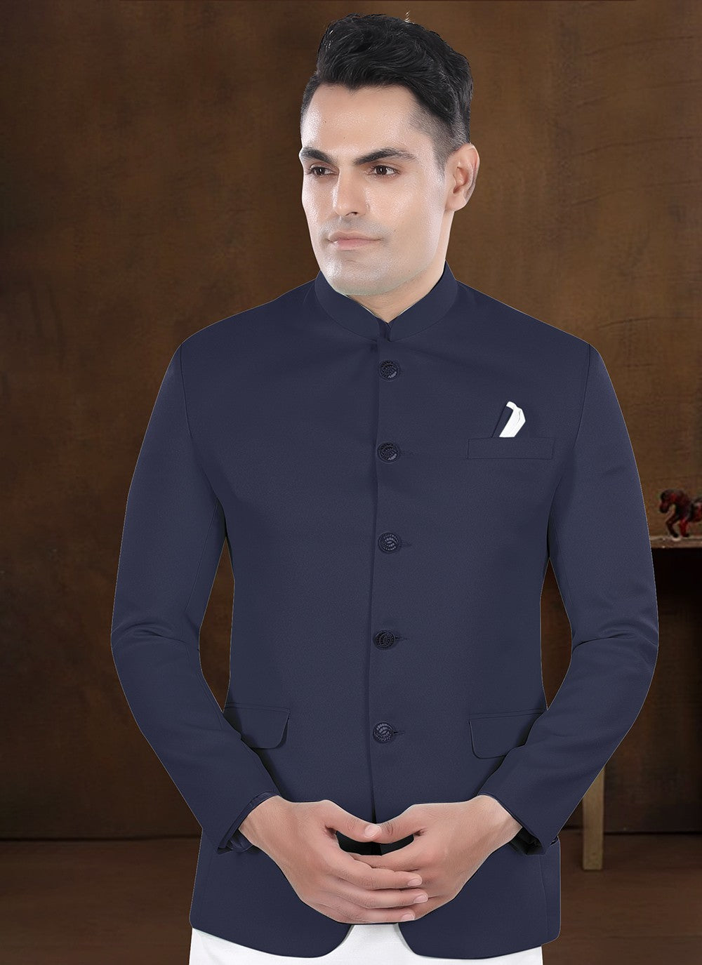 Plain Silk, Viscose Navy Blue Kurta Payjama With Jacket - M8188