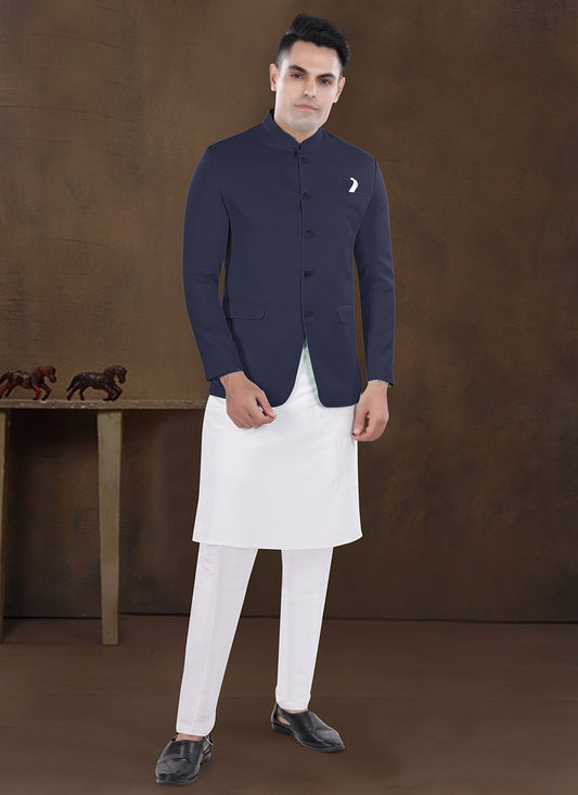 Plain Silk, Viscose Navy Blue Kurta Payjama With Jacket - M8188