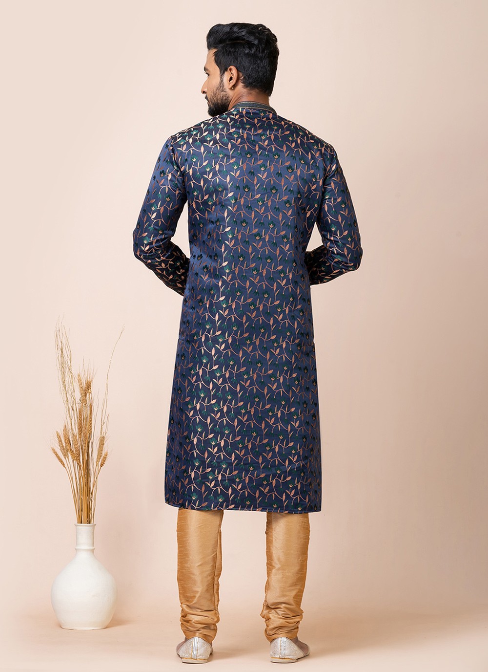 Jacquard Work Silk Navy Blue Kurta Pyjama - M7514