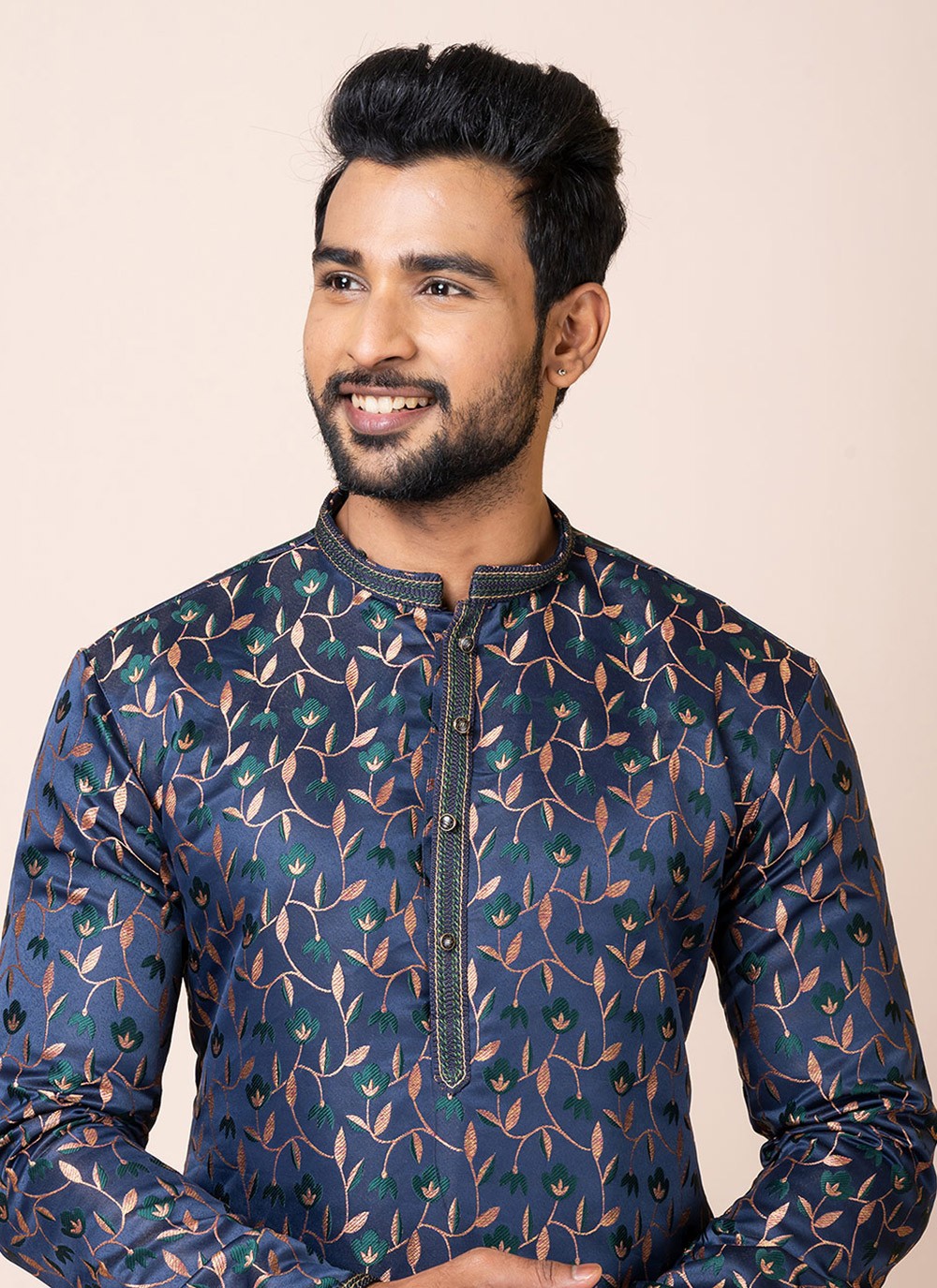 Jacquard Work Silk Navy Blue Kurta Pyjama - M7514