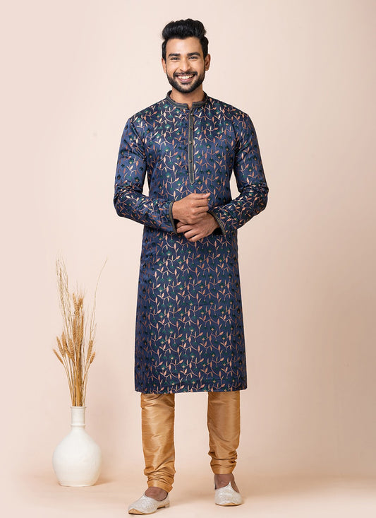 Jacquard Work Silk Navy Blue Kurta Pyjama - M7514