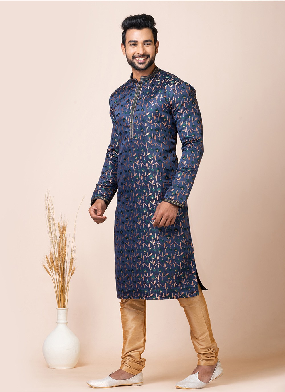 Jacquard Work Silk Navy Blue Kurta Pyjama - M7514