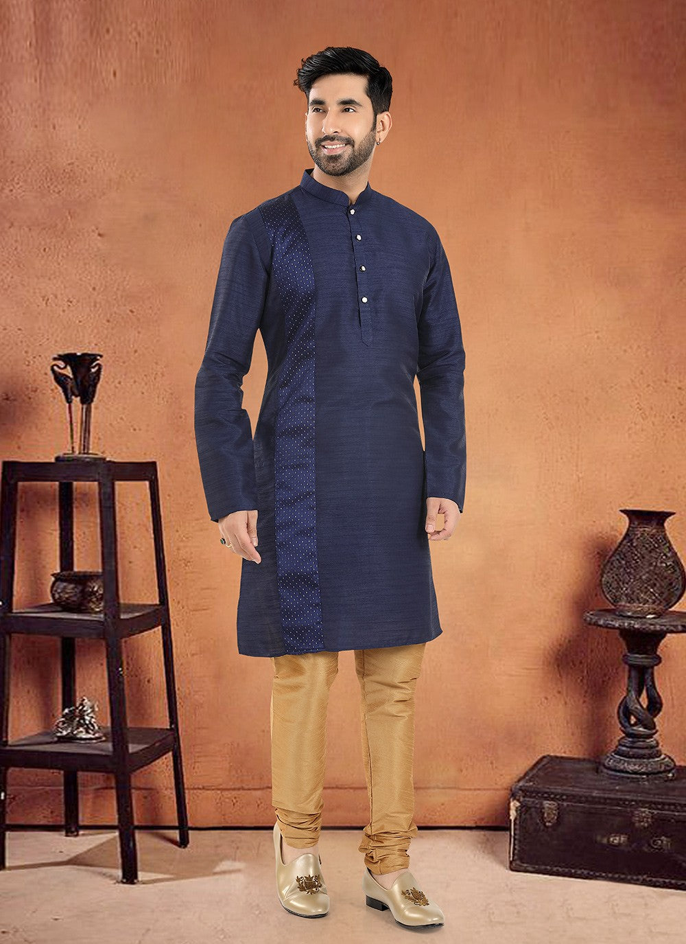 Patch Silk Navy Blue Kurta Pyjama - M8108