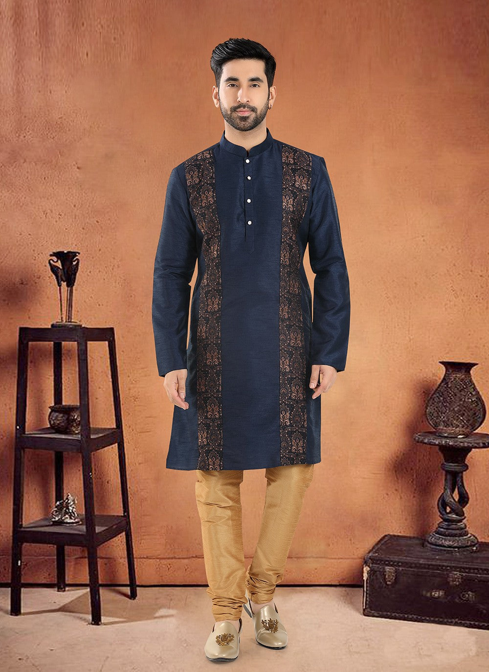 Patch Silk Navy Blue Kurta Pyjama - M8113