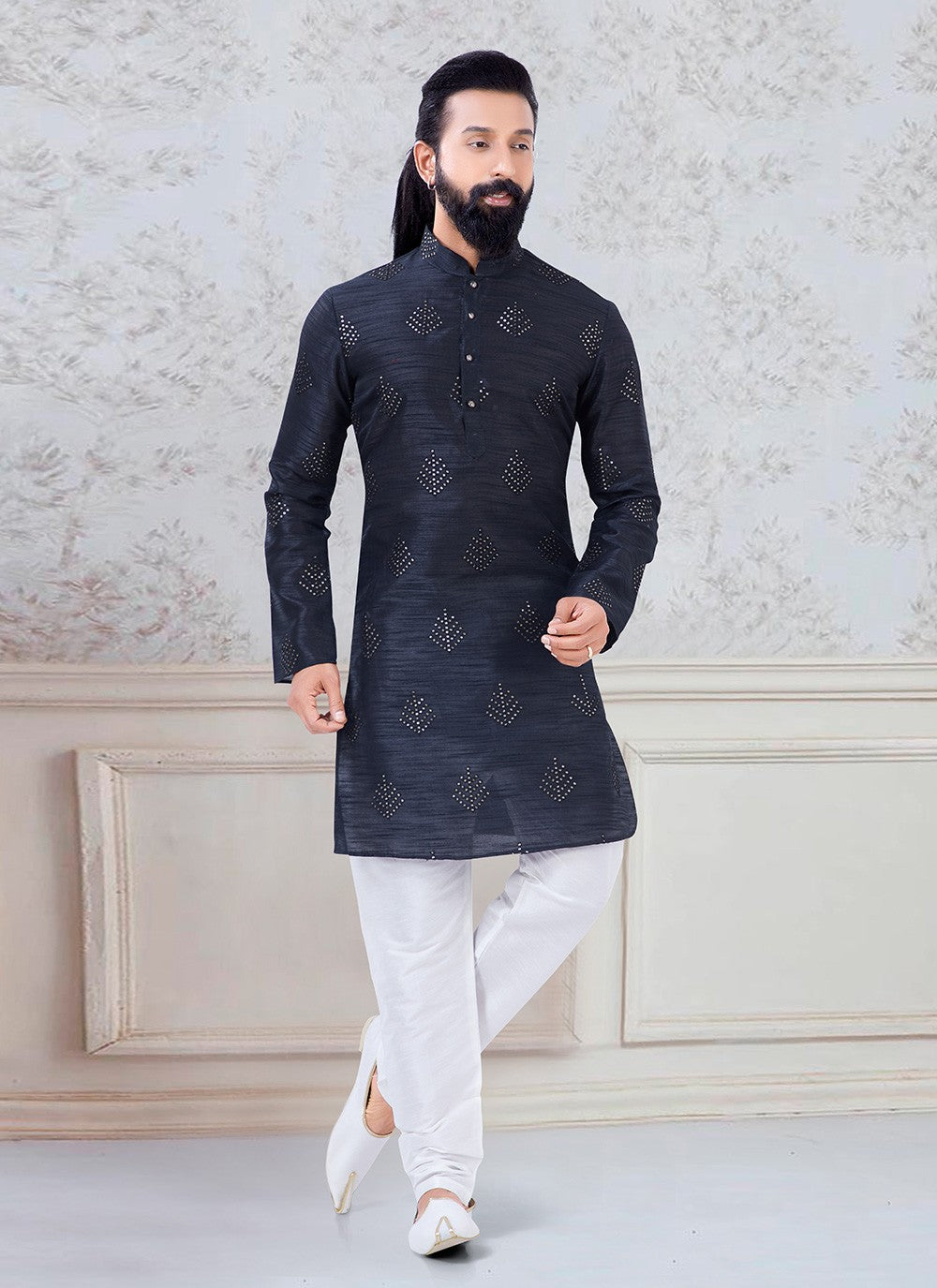 Sequins Silk Navy Blue Kurta Pyjama - M3081