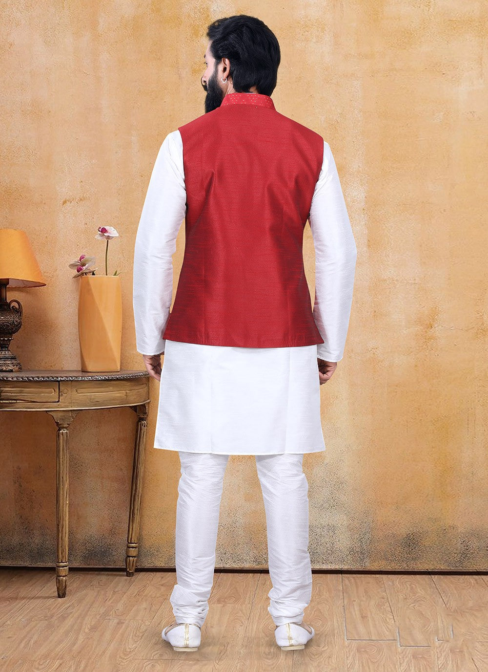 Fancy Work Silk Off White, Red Kurta Payjama With Jacket - M3353