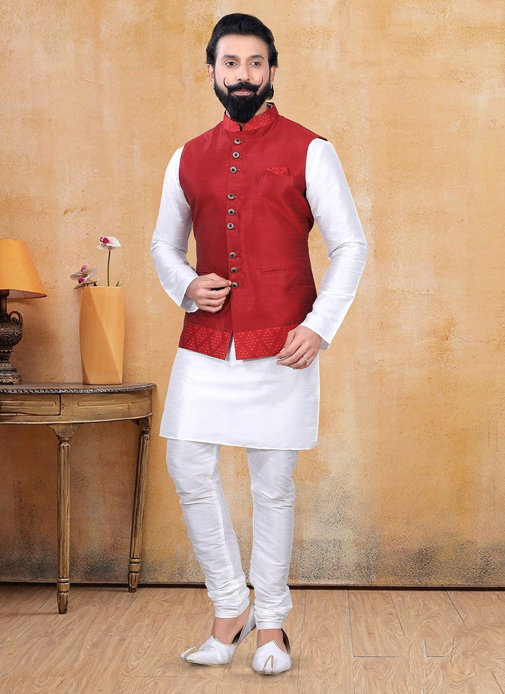 Fancy Work Silk Off White, Red Kurta Payjama With Jacket - M3353