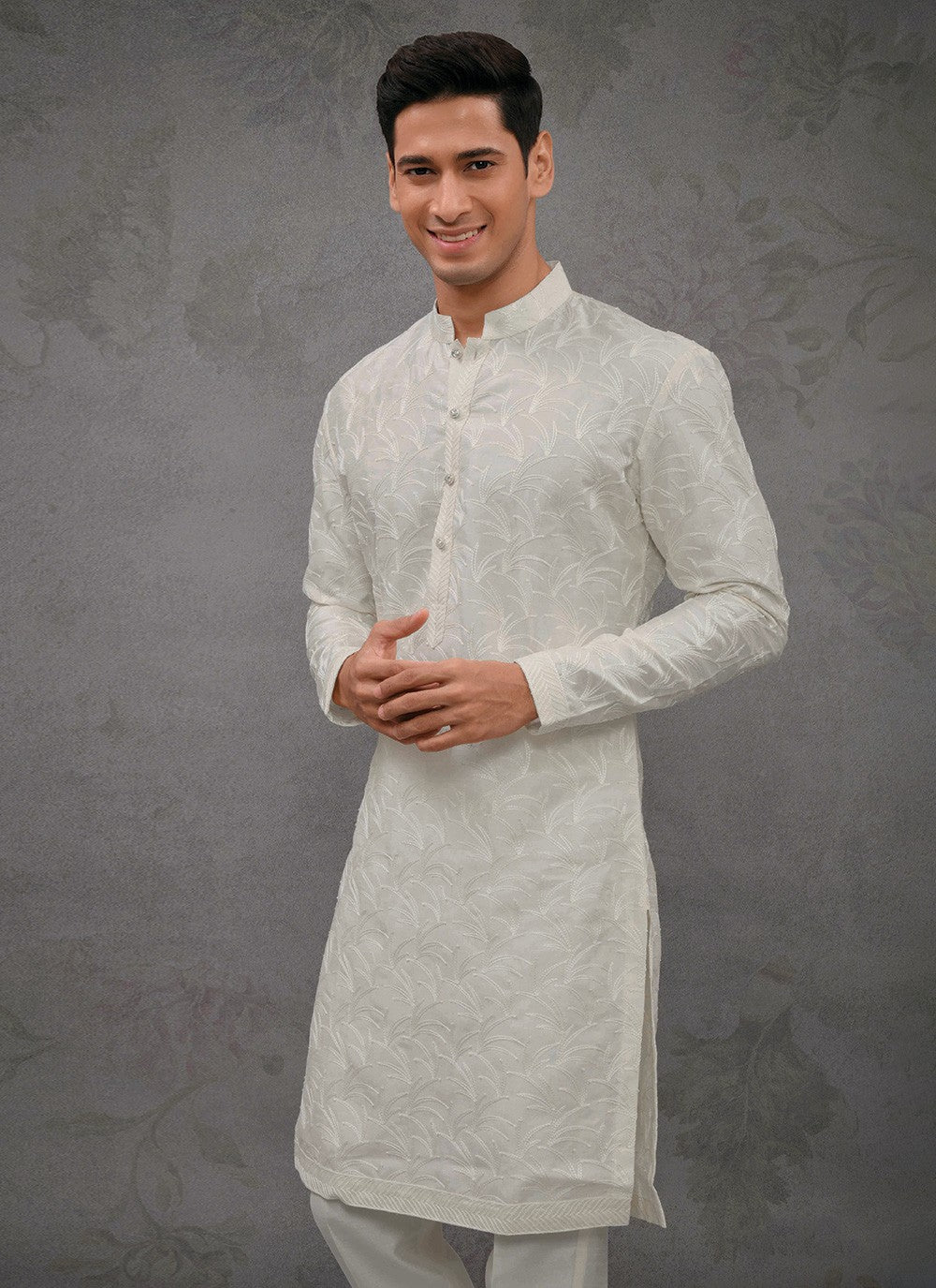 Embroidered Silk Off White Kurta Pyjama - M8401