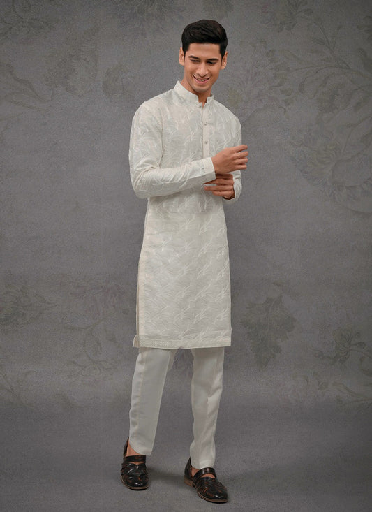 Embroidered Silk Off White Kurta Pyjama - M8401