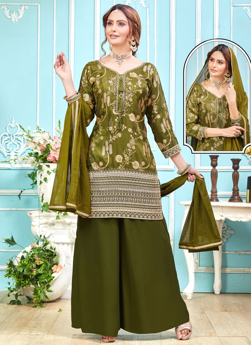 Embroidered Silk Palazzo Suit - T4311