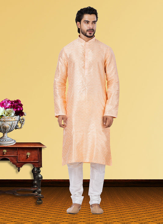 Fancy Work Linen, Silk Peach Kurta Pyjama - M3686