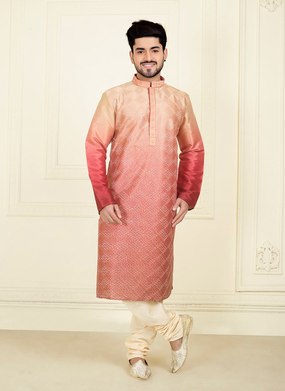 Embroidered Silk Pink Kurta Pyjama - M6834