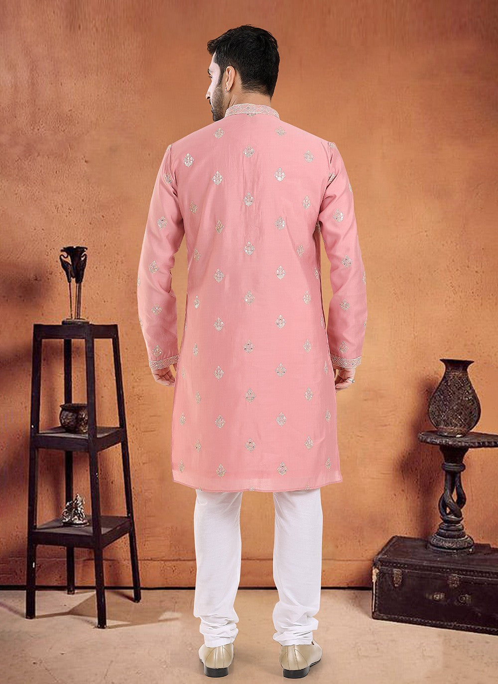 Embroidered Silk Pink Kurta Pyjama - M8095