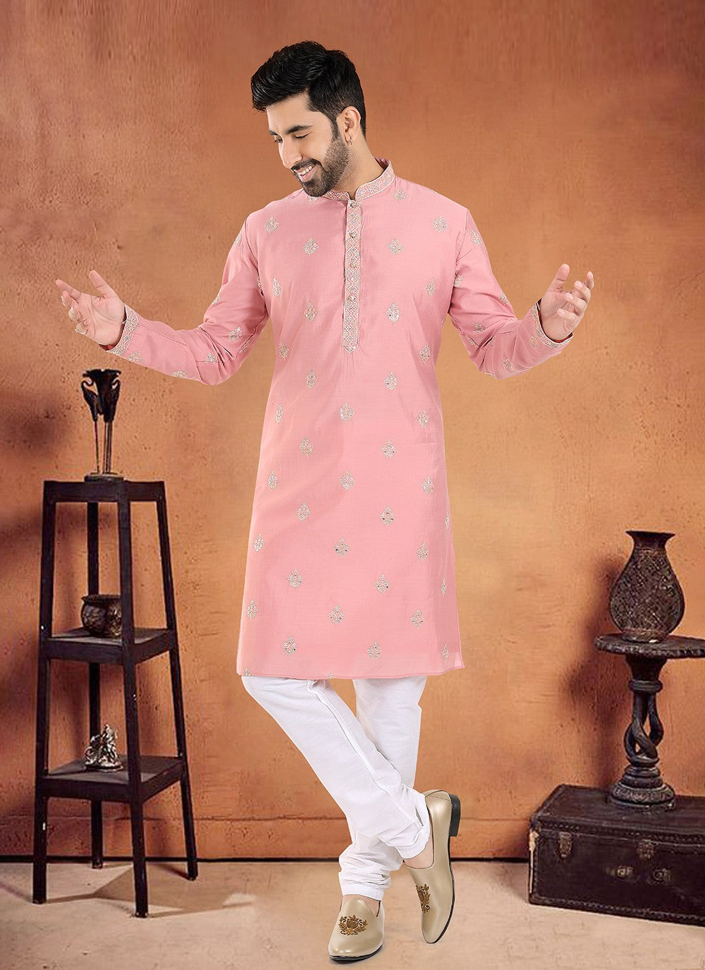 Embroidered Silk Pink Kurta Pyjama - M8095