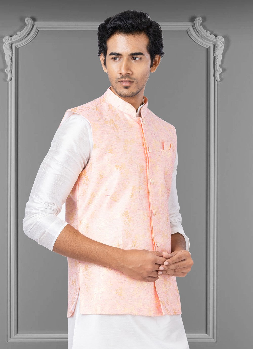 Embroidered Linen, Silk Pink Nehru Jackets - M3822