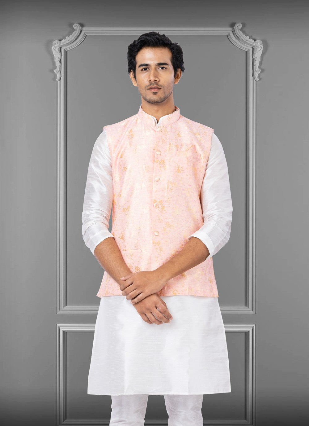 Embroidered Linen, Silk Pink Nehru Jackets - M3822