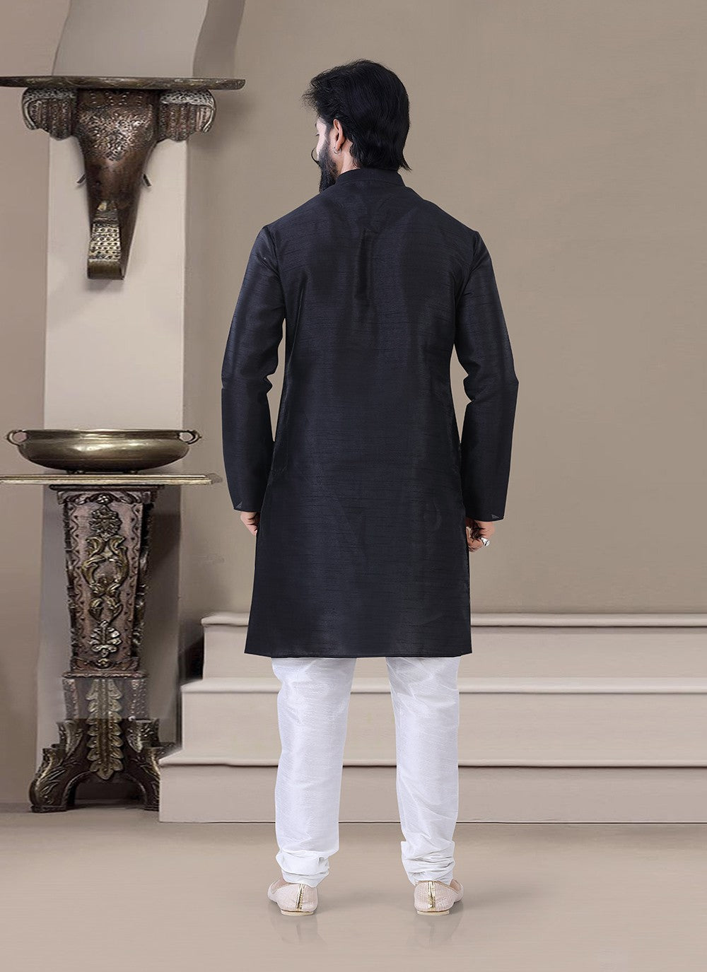 Plain Silk Black Kurta Pyjama - M3450