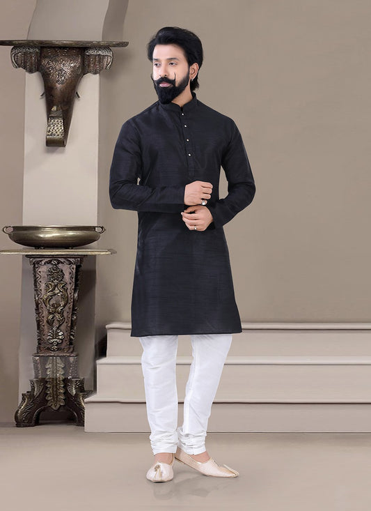 Plain Silk Black Kurta Pyjama - M3450