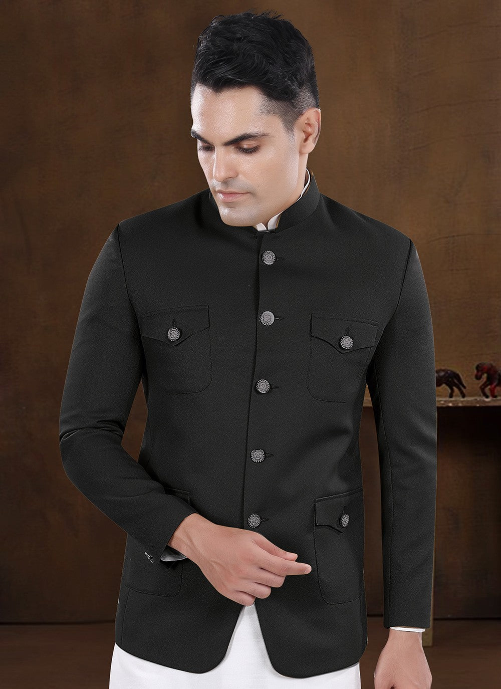 Plain Silk, Viscose Black Kurta Payjama With Jacket - M8187