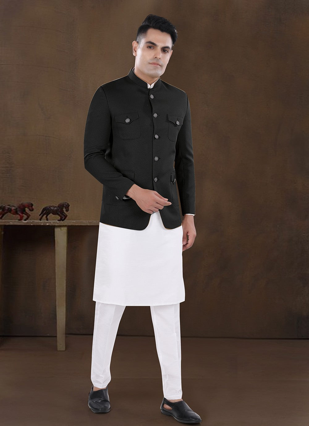 Plain Silk, Viscose Black Kurta Payjama With Jacket - M8187