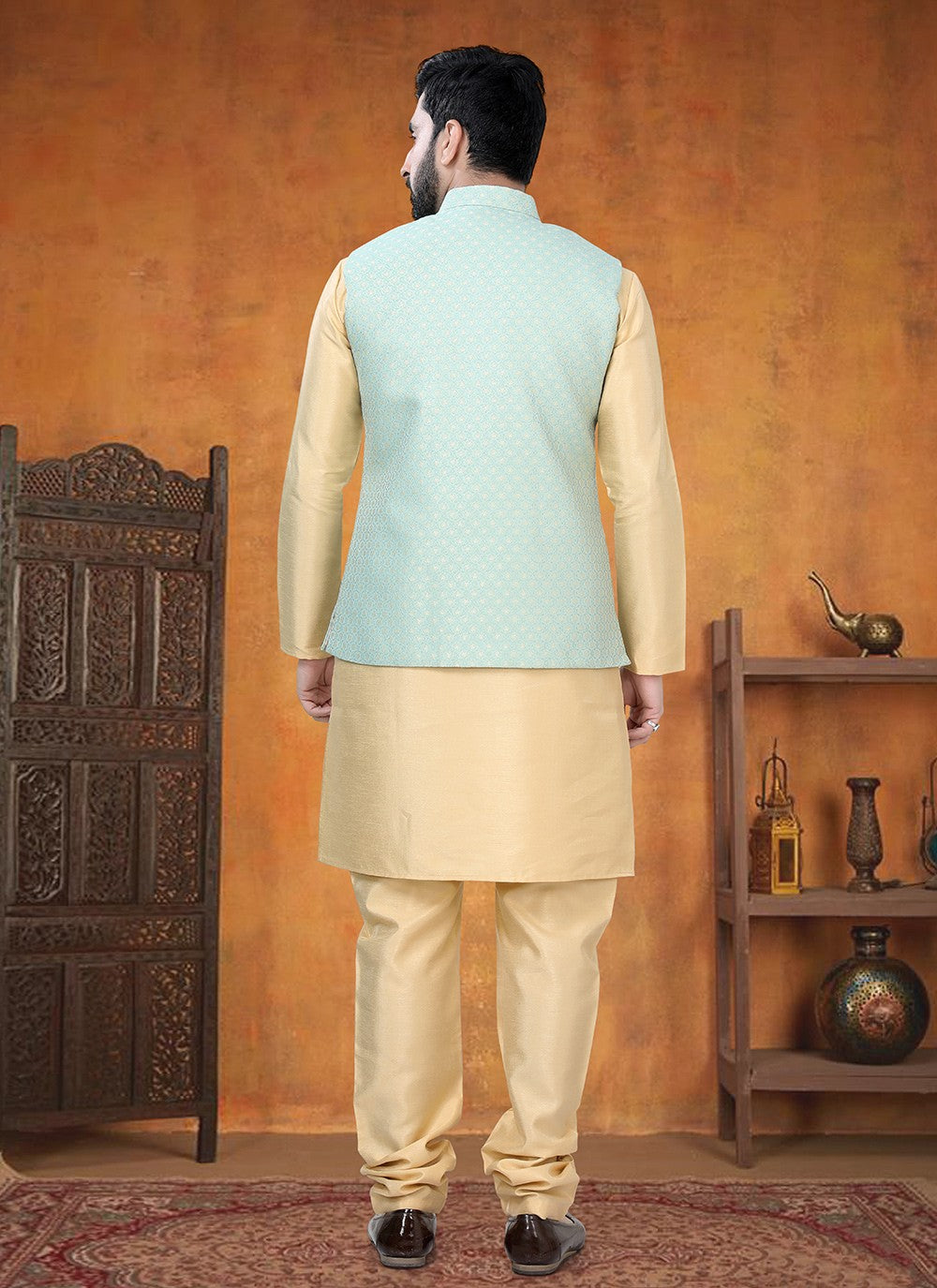 Printed Silk Gold, Sea Green Kurta Payjama With Jacket - M8786