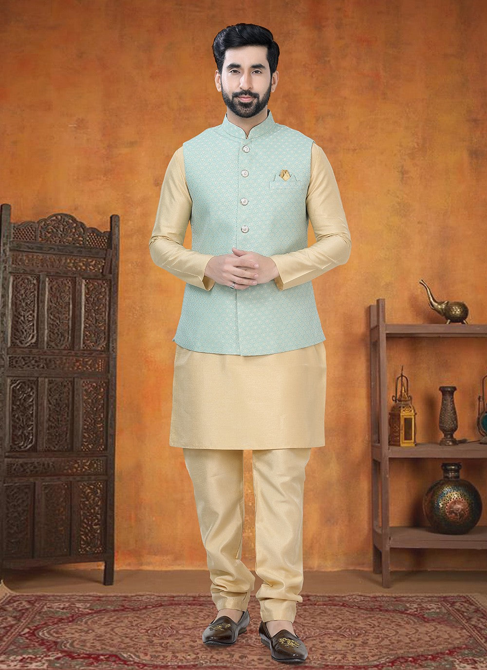 Printed Silk Gold, Sea Green Kurta Payjama With Jacket - M8786