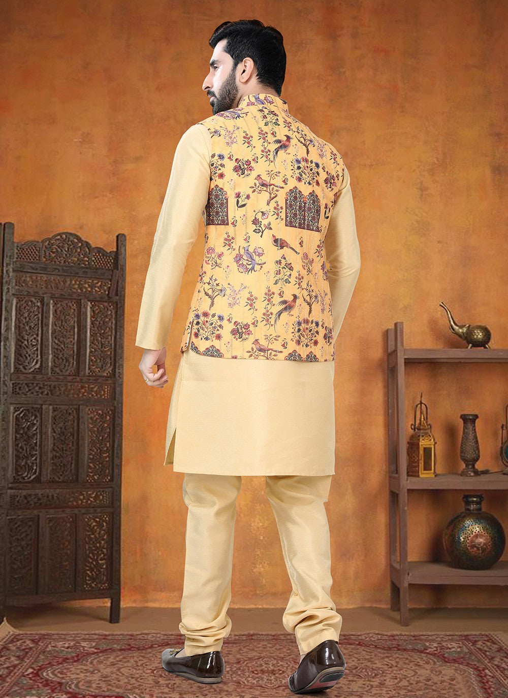 Printed Silk Gold, Mustard Kurta Payjama With Jacket - M8784