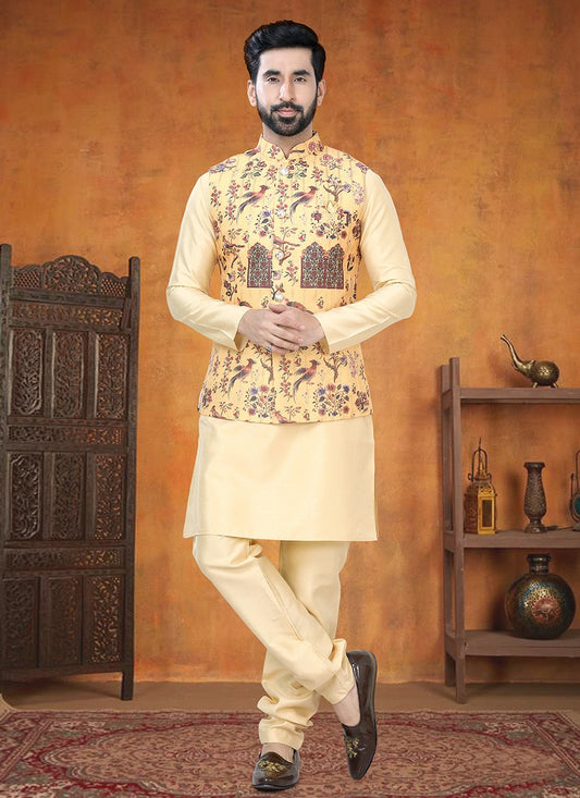 Printed Silk Gold, Mustard Kurta Payjama With Jacket - M8784