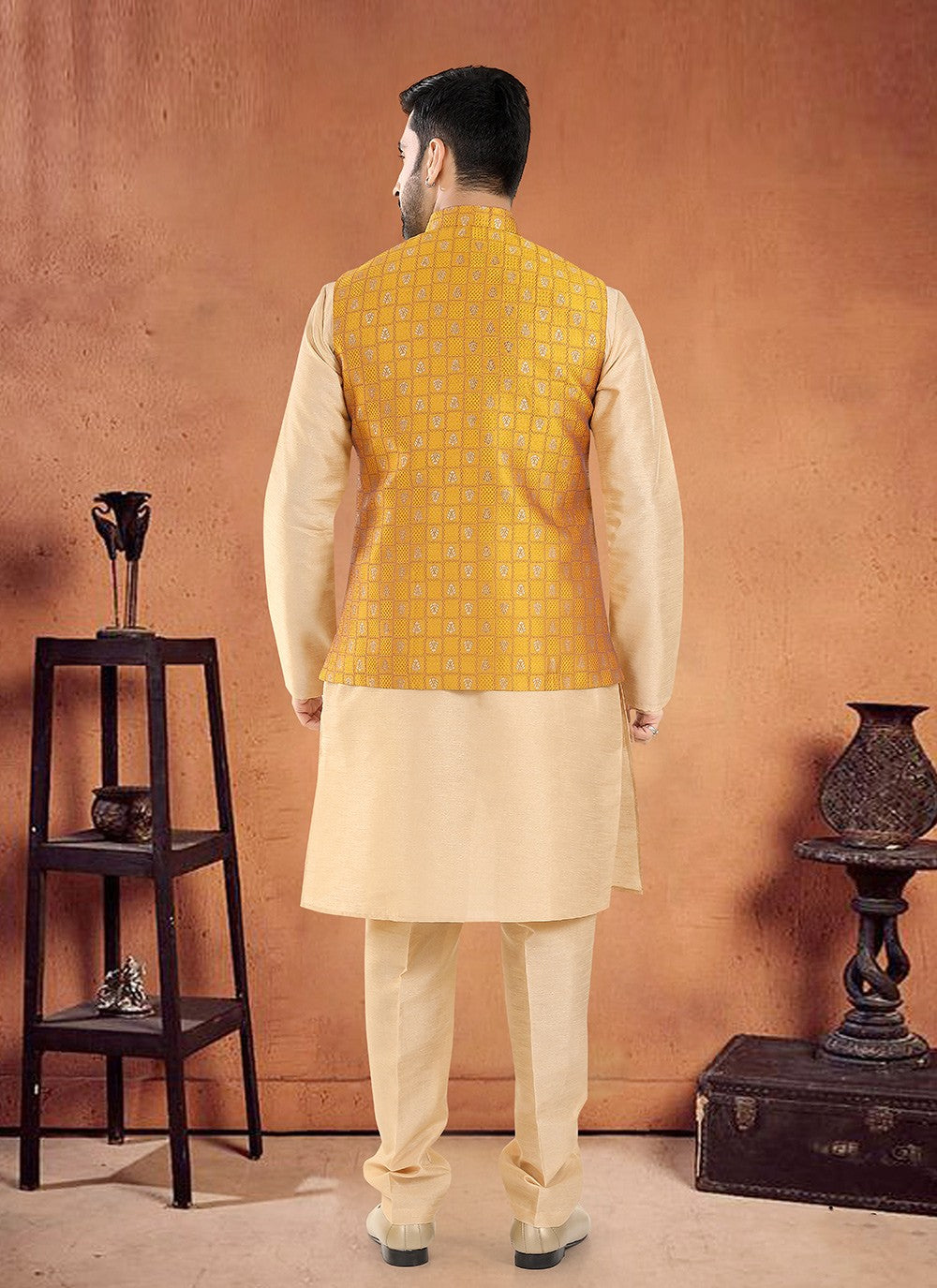 Printed Silk Mustard Kurta Payjama With Jacket - M8136