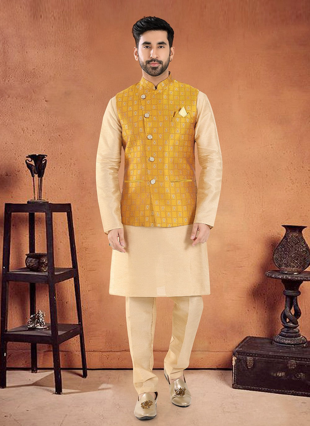 Printed Silk Mustard Kurta Payjama With Jacket - M8136