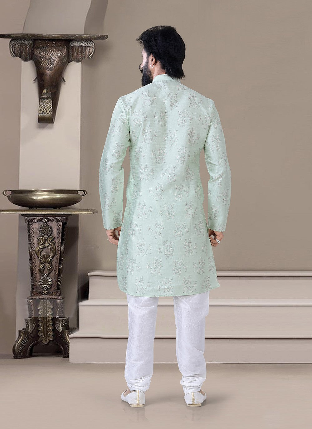 Printed Silk Green Kurta Pyjama - M3468