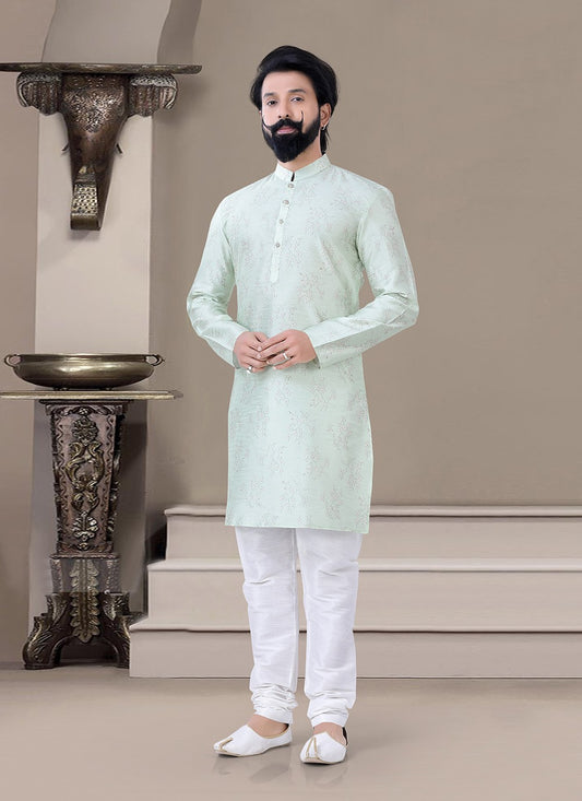 Printed Silk Green Kurta Pyjama - M3468