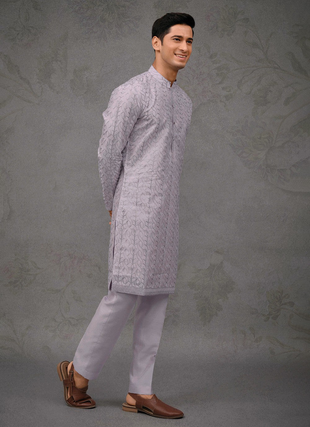 Embroidered Silk Purple Kurta Pyjama - M8400