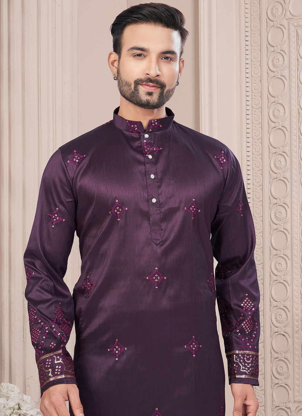 Machine Embroidery Silk Purple Kurta Pyjama - M8709